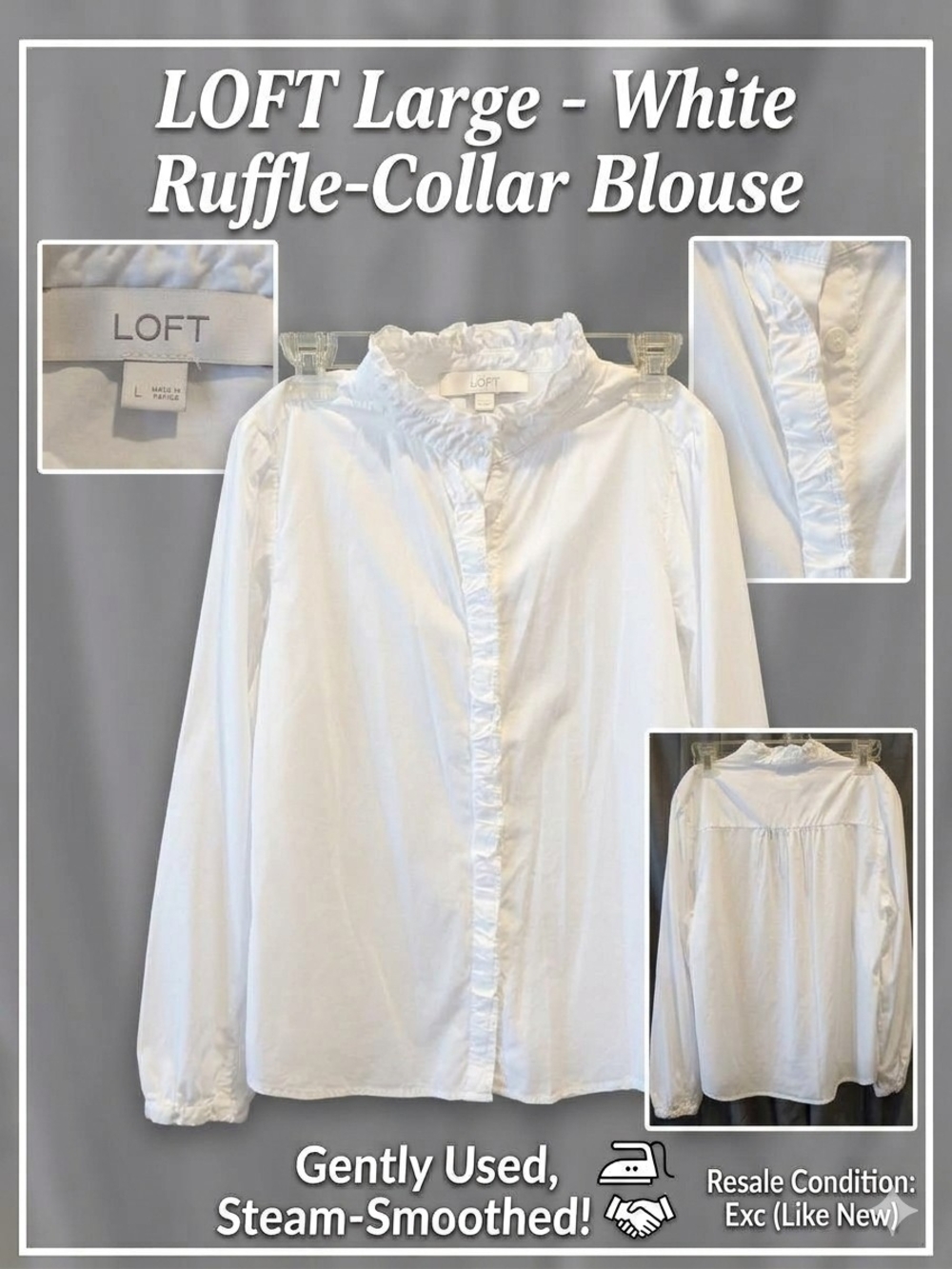 LOFT White Ruffle-Neck Button-Front Blouse